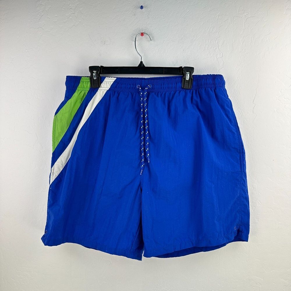 Vintage 90s Trader Bay Swim Shorts Trunks Mens L Blue Green Striped‎ Drawstring